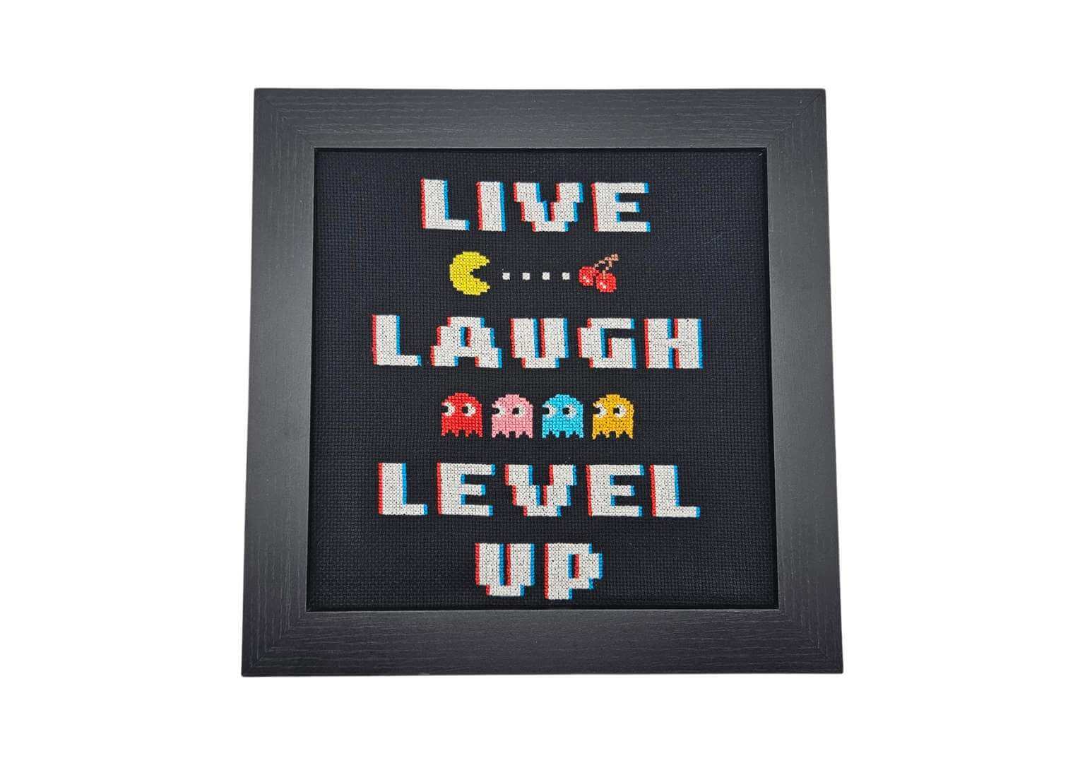 PAC Man Pixel Art - Live Laugh Level Up - Cross Stitch