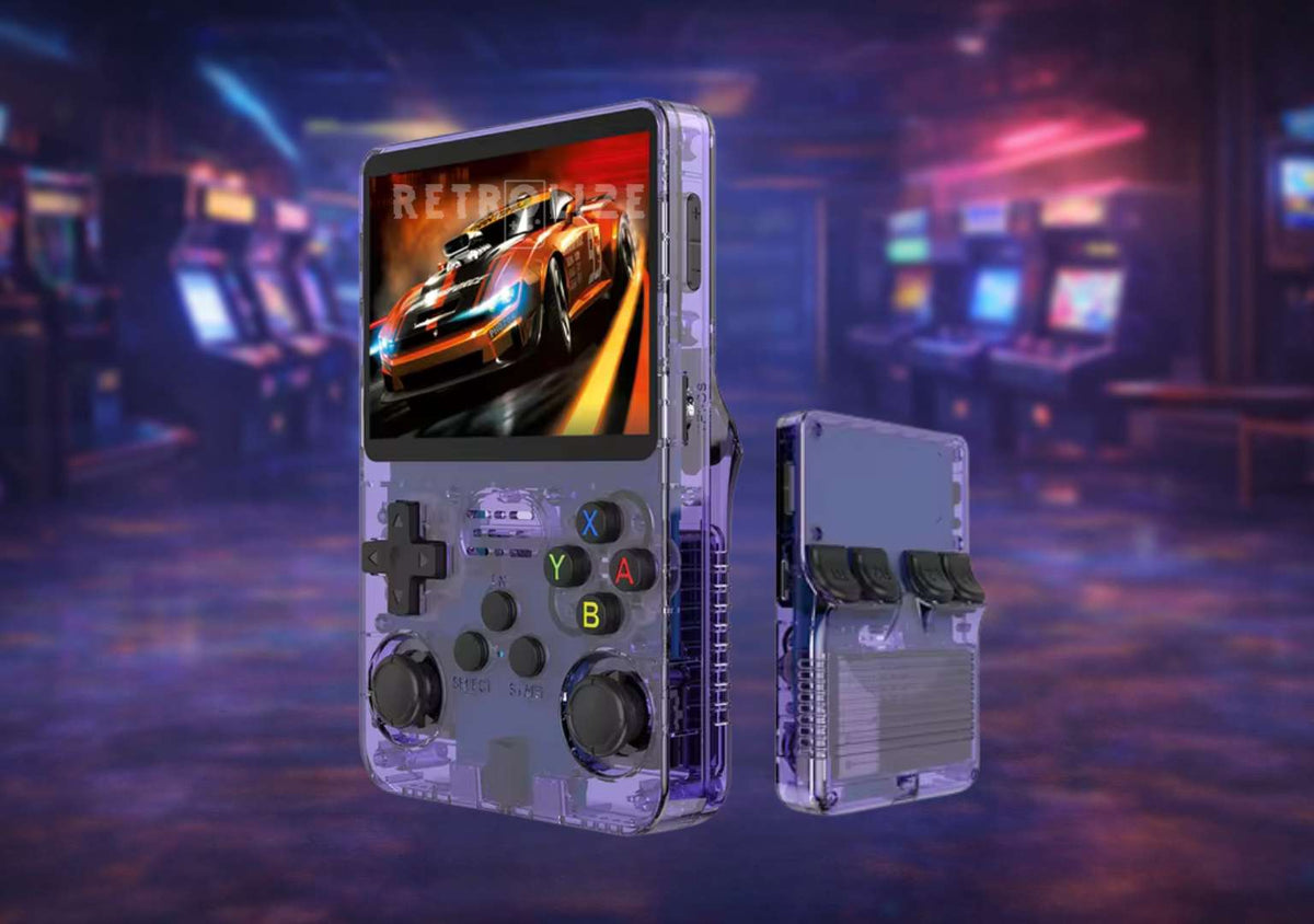 Purple translucent R36S handheld showing the front controls, dual analogue sticks and rear housing