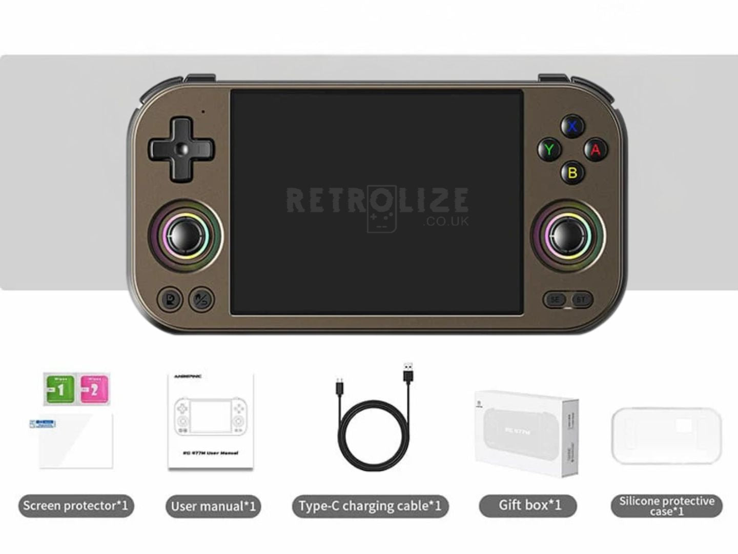 Anbernic RG477M Retro Gaming Handheld Console Front View and Package Contents