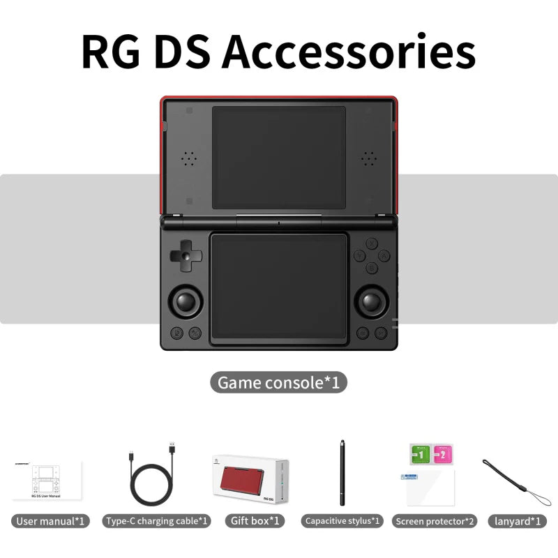 Anbernic RGDS retro gaming console with accessories on white background