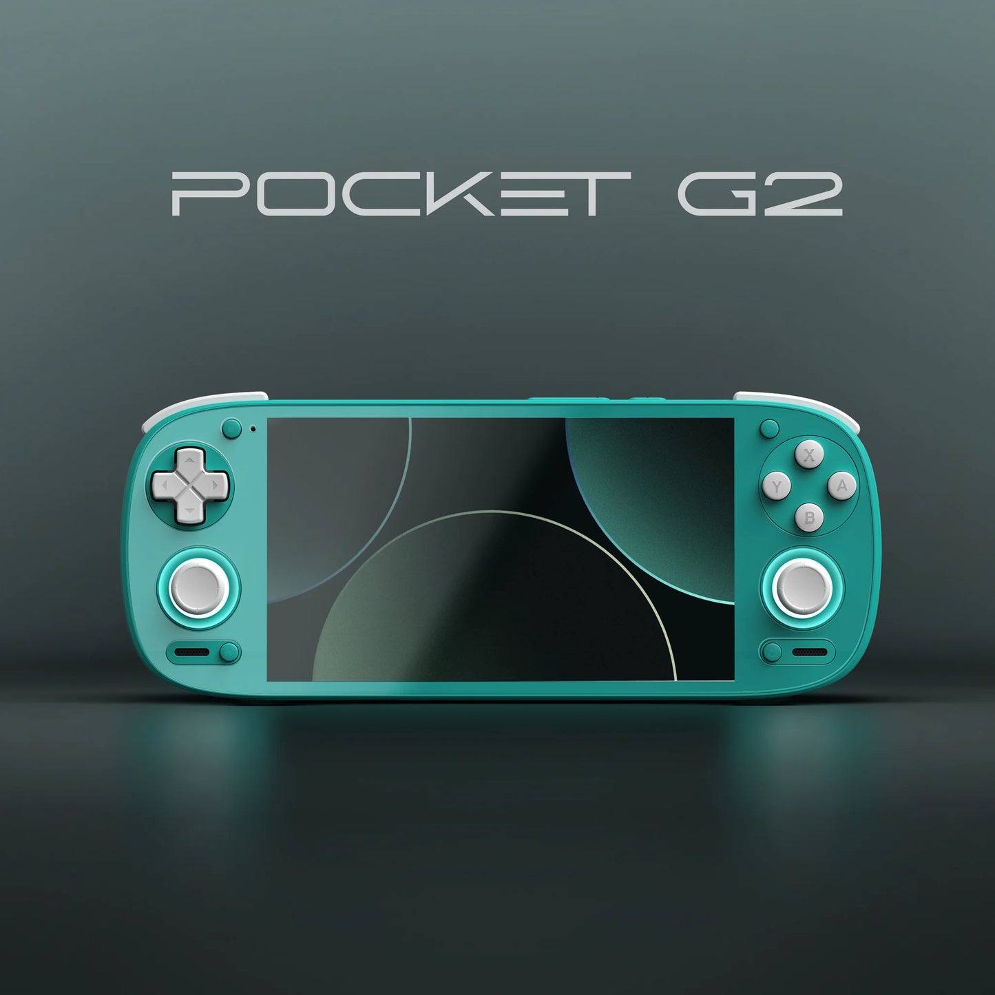 Teal handheld gaming device with 'POCKET G2' branding on a dark background