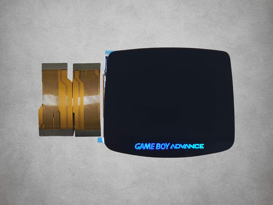 Black HISPEEDIDO laminated IPS screen for Game Boy Advance with 32-pin and 40-pin ribbon cables.