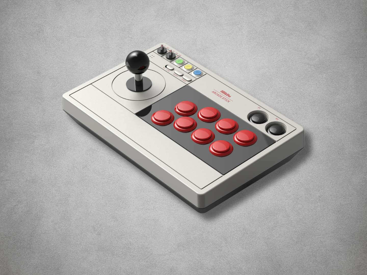8BitDo Arcade stick with red buttons and joystick on a grey background side view