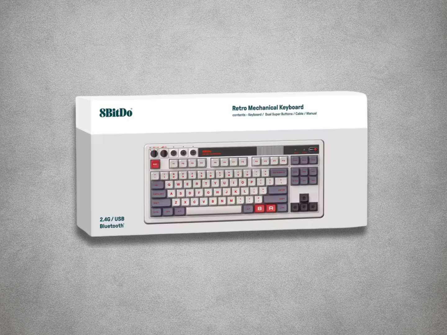8BitDo Mechanical Keyboard NES Box with red and grey keys on a grey background