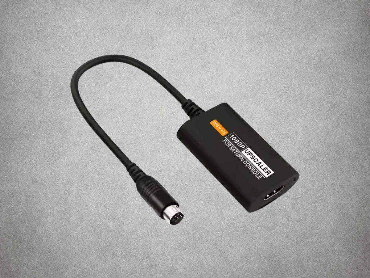 Black BitFunx 1080p HDMI adapter for Sega Saturn with attached AV connector on a grey background.