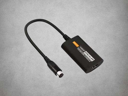 Black BitFunx 1080p HDMI adapter for Sega Saturn with attached AV connector on a grey background.
