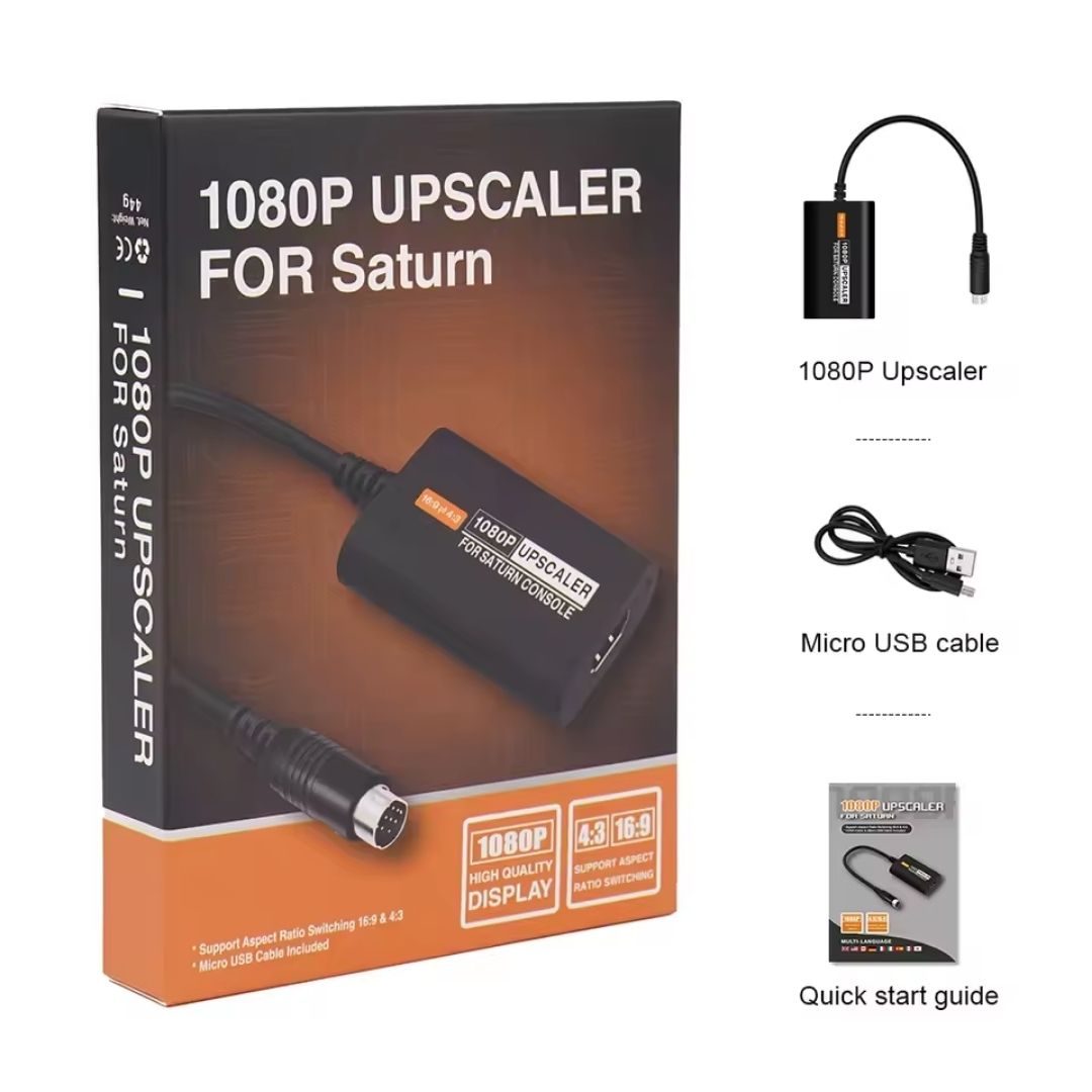 BitFunx Sega Saturn HDMI adapter retail packaging with the 1080p upscaler, Micro-USB power cable and quick-start guide shown alongside.