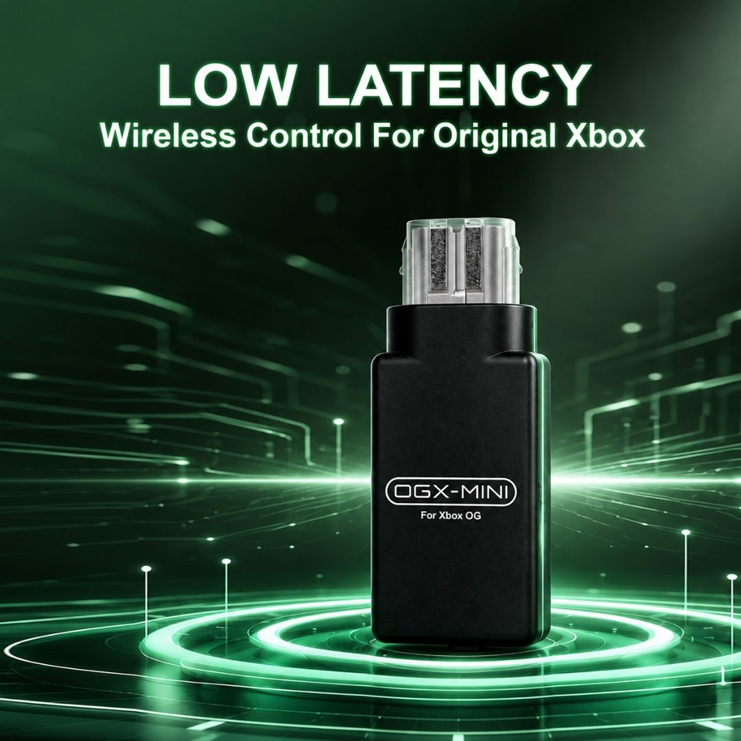 Black OGX Mini original Xbox Bluetooth controller adapter with green supplier latency promotional graphic