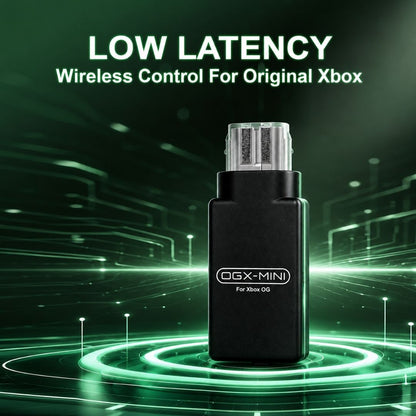 Black OGX Mini original Xbox Bluetooth controller adapter with green supplier latency promotional graphic