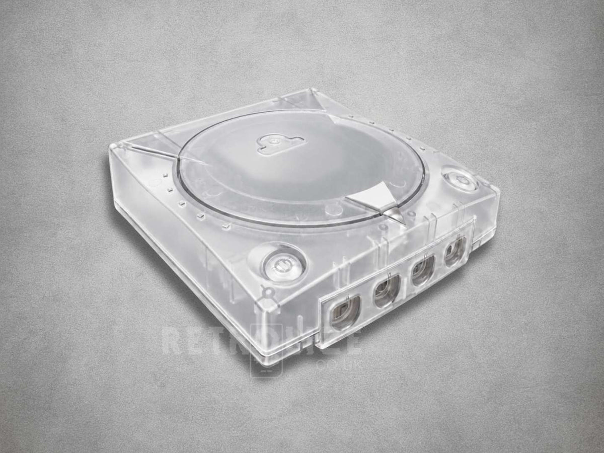 Clear White translucent Sega Dreamcast ABS replacement shell with matching buttons and white lid accent