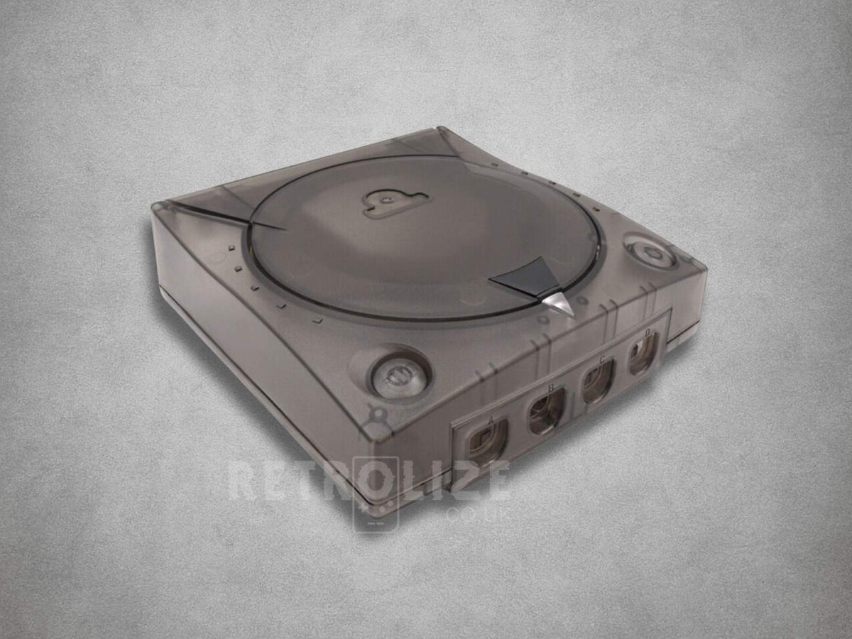 Smokey Black translucent Sega Dreamcast ABS replacement shell viewed from the front and above