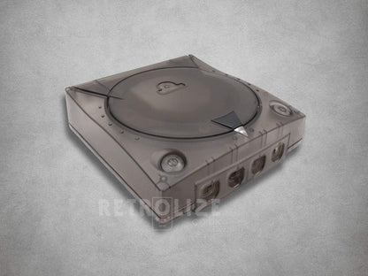 Smokey Black translucent Sega Dreamcast ABS replacement shell viewed from the front and above