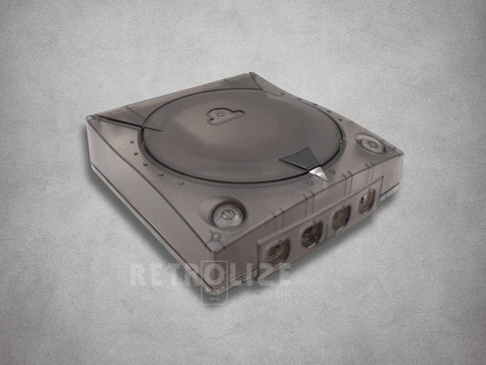 Smokey Black translucent Sega Dreamcast ABS replacement shell viewed from the front and above