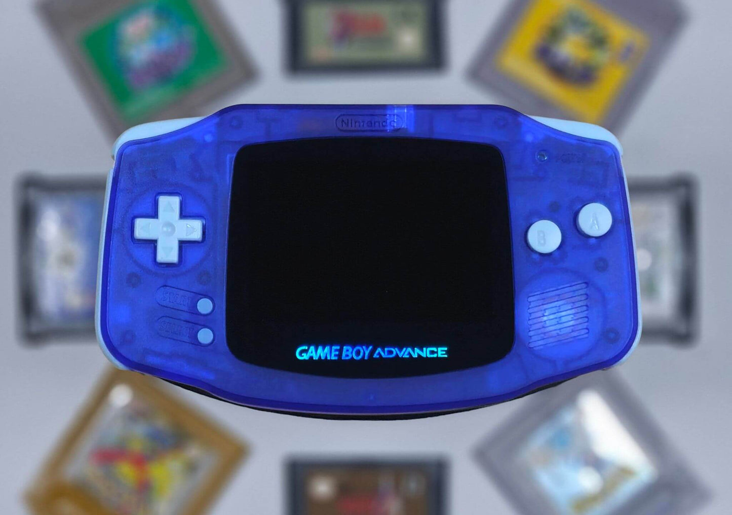 GAME BOY ADVANCE CLEAR BLUE FRONT VIEW WITH SCREEN OFF
