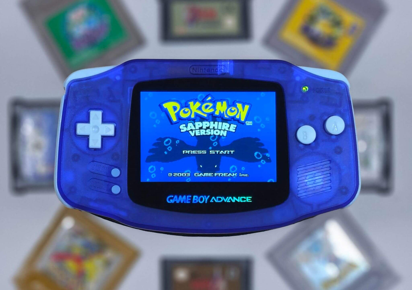 GAME BOY ADVANCE CLEAR BLUE FRONT VIEW WITH SCREEN ON