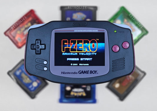 GAME BOY ADVANCE BLACK DMG FRONT VIEW WITH FZERO ON THE SCREEN