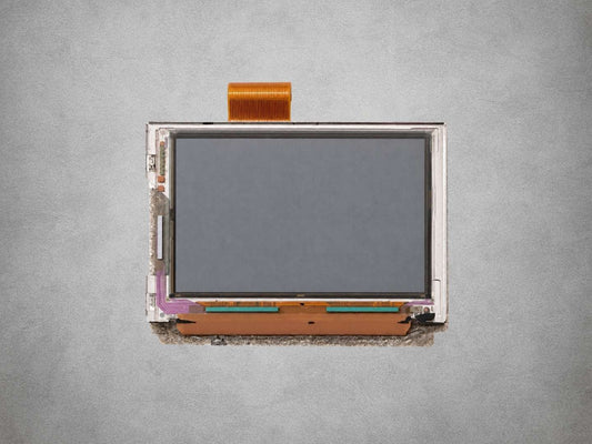Original Nintendo Game Boy Advance AGB-001 32-pin LCD screen with metal frame and orange ribbon cable on a grey background.