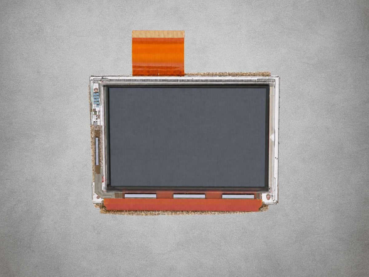 Original Nintendo Game Boy Advance AGB-001 40-pin LCD screen with metal frame and orange ribbon cable on a grey background.