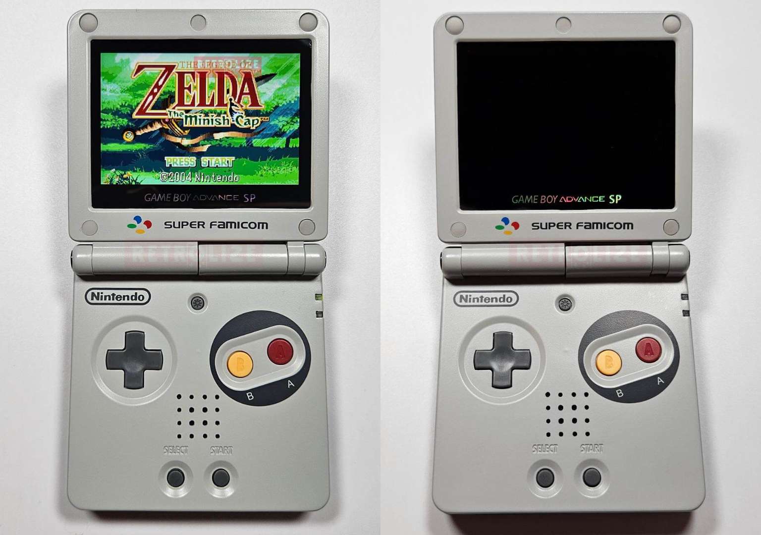 Game Boy Advance SP Famicom SNES Edition with Zelda on Screen On and Off view