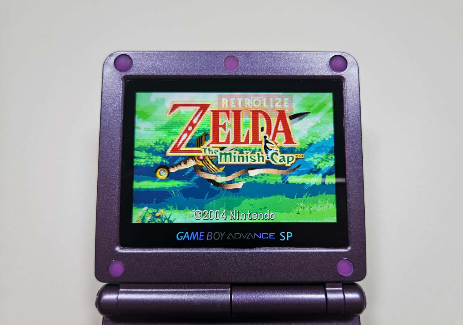 Game Boy Advance SP IPS USBC -  Metallic Purple Front View Screen Close Up