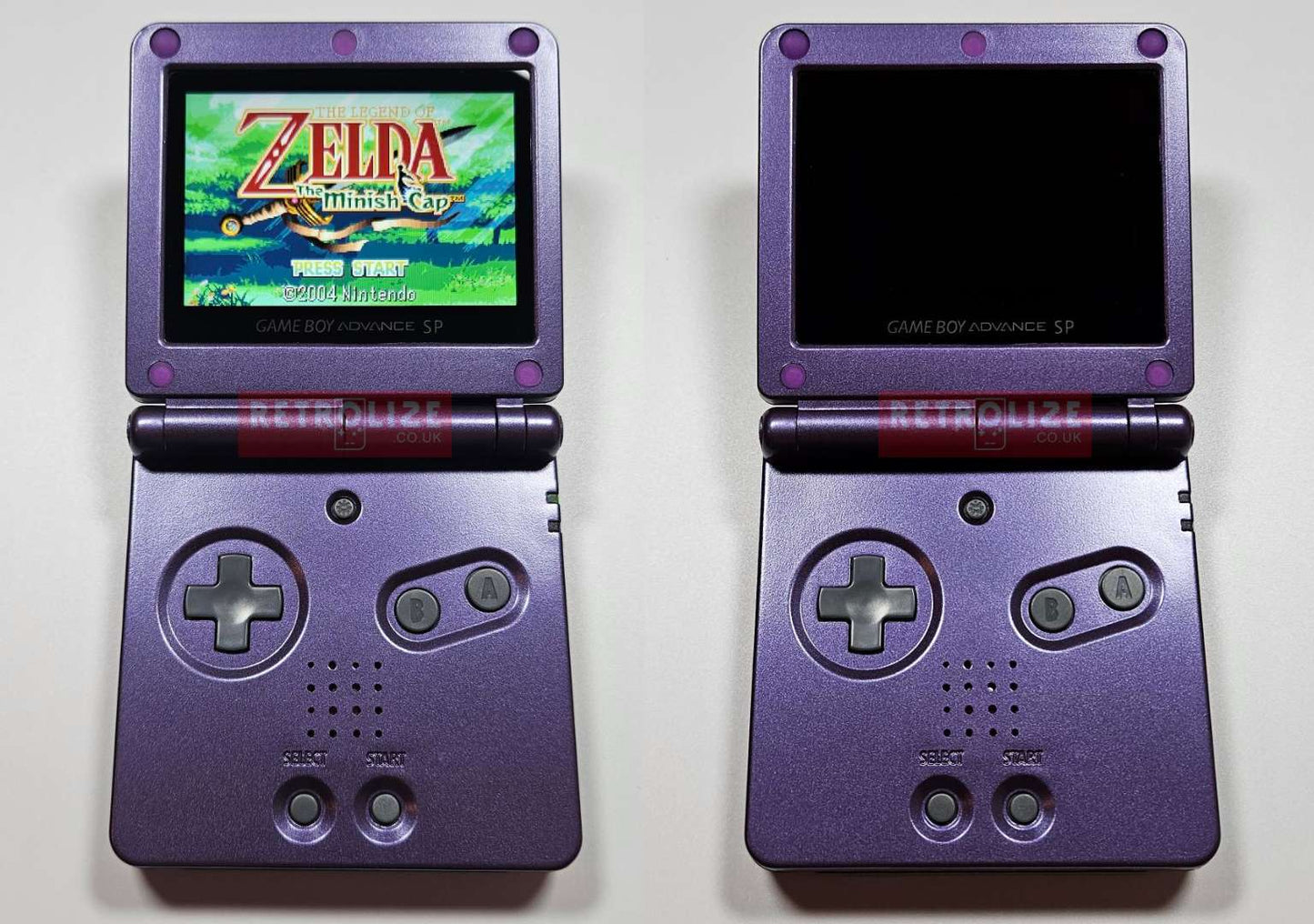 Game Boy Advance SP IPS USBC -  Metallic Purple Front View On and Off