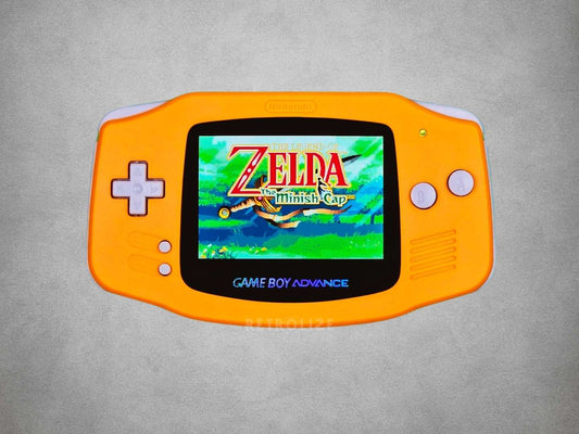 Spice Orange Game Boy Advance with grey buttons with Zelda The Minish Cap playing on screen on grey background