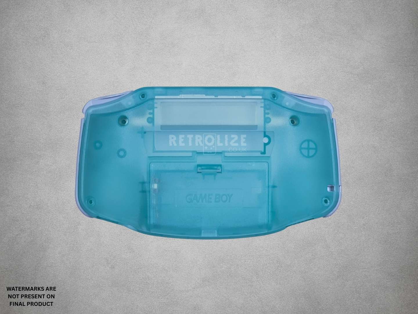 Clear Aqua Blue Game Boy Advance shell on grey background back
