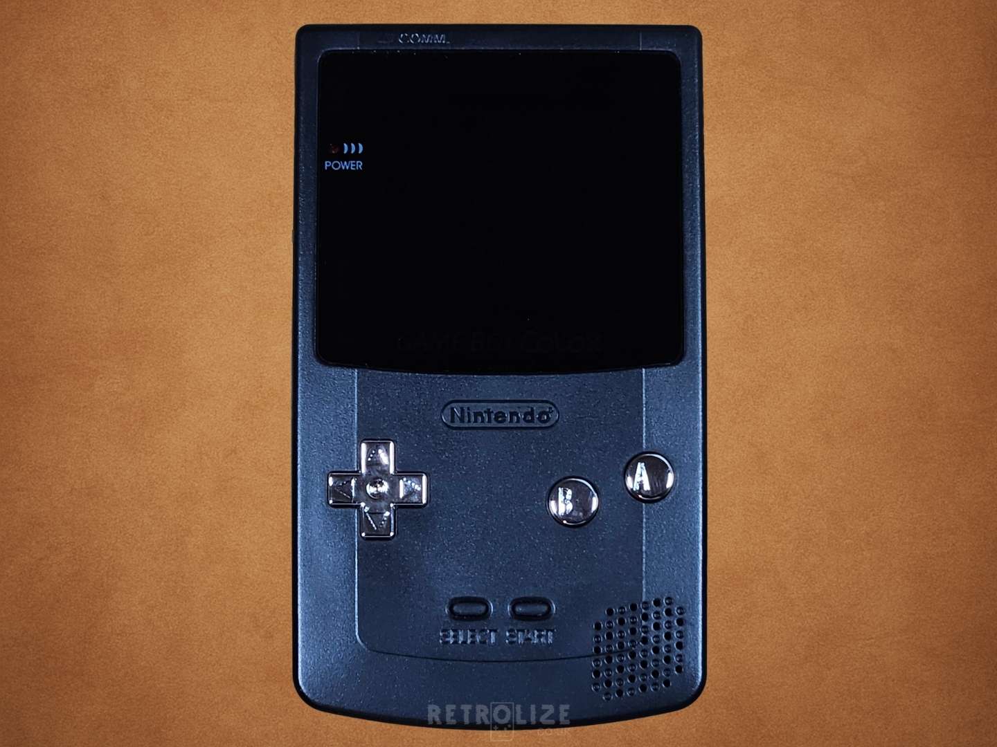 Black Game Boy Color OLED with Metallic Silver Buttons Screen Off