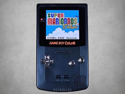 Black Game Boy Color OLED with Metallic Silver Buttons With Super Mario Bros on the screen