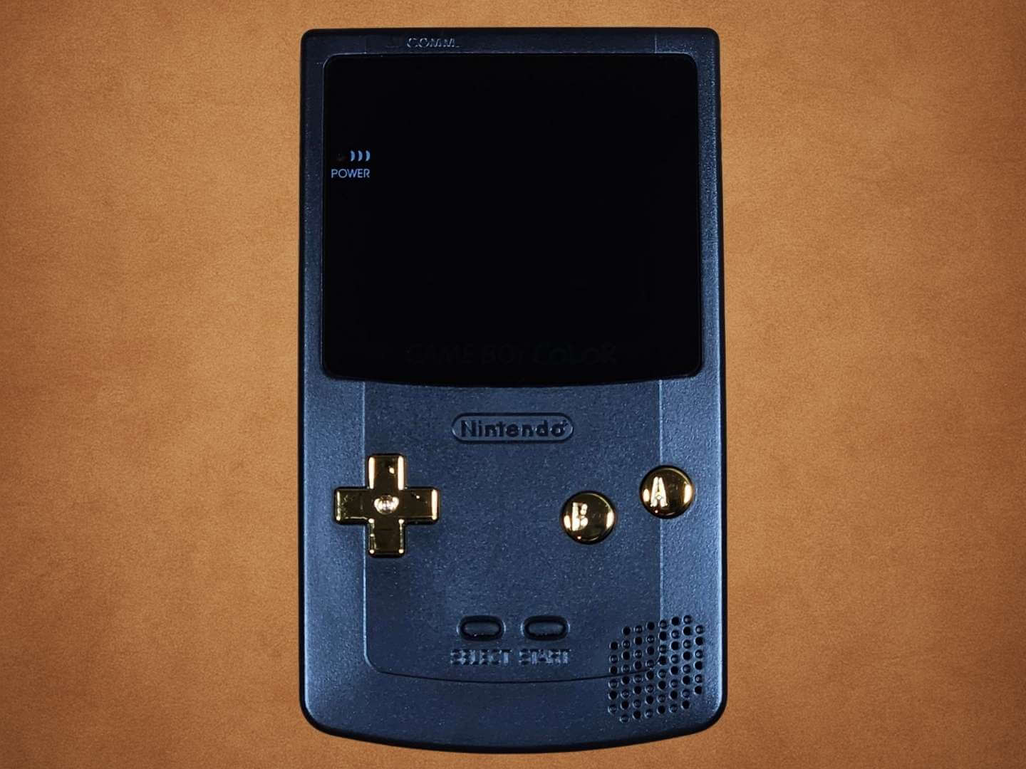 Black Game Boy Color OLED with Metallic Gold Buttons Screen Off