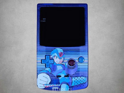 Game Boy Color with Mega Man design on a grey background