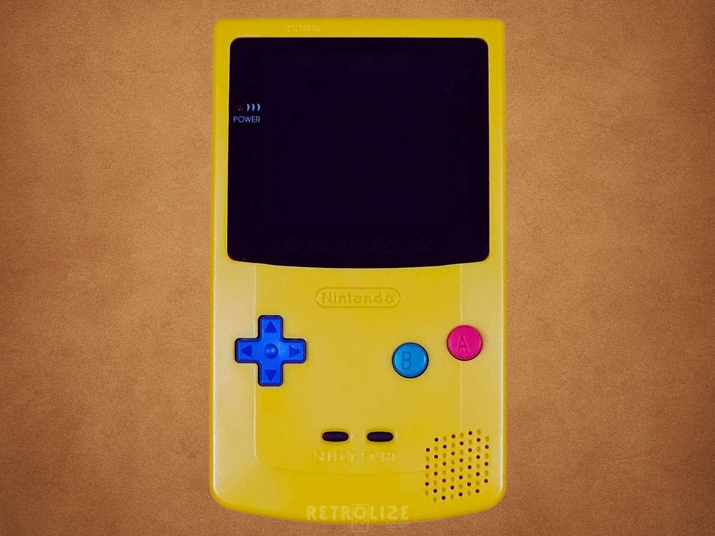 Yellow Dandelion Game Boy Color OLED with Pokemon Themed Buttons Screen Off