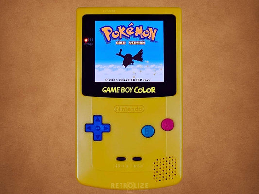 Yellow Dandelion Game Boy Color OLED with Pokemon Themed Buttons with Pokemon Gold on the Screen