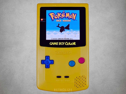 Yellow Dandelion Game Boy Color OLED with Pokemon Themed Buttons with Pokemon Gold on the Screen
