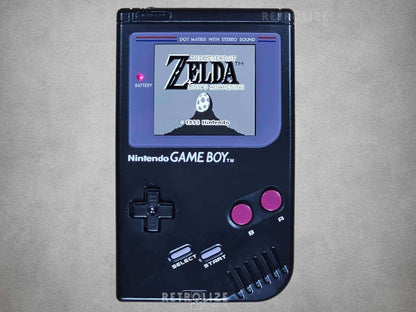 Black Game Boy DMG-01 screen showing Legend of Zelda Links Awakening on grey background