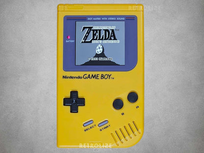Yellow Game Boy DMG-01 screen showing Legend of Zelda Links Awakening on grey background
