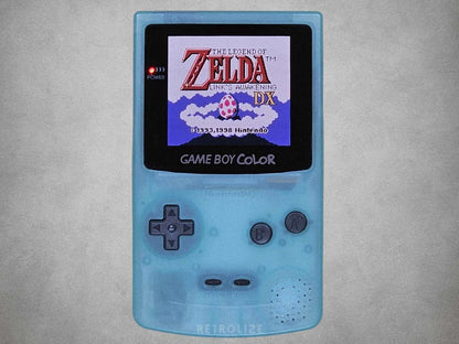 Japan Ice Blue Game Boy Color OLED with Legend of Zelda on screen