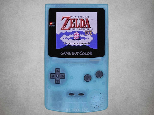 Japan Ice Blue Game Boy Color OLED with Legend of Zelda on screen