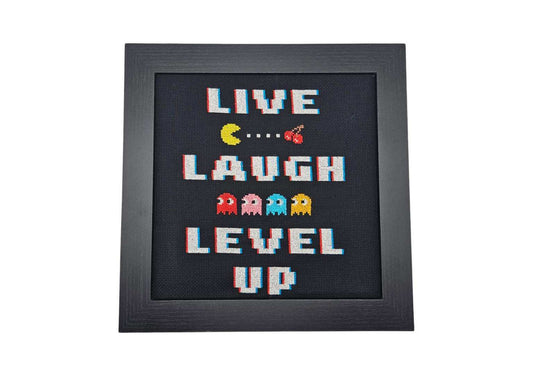 Pac Man "Live Laugh Level Up" Game Room Decoration Pixel Art - by Sushi