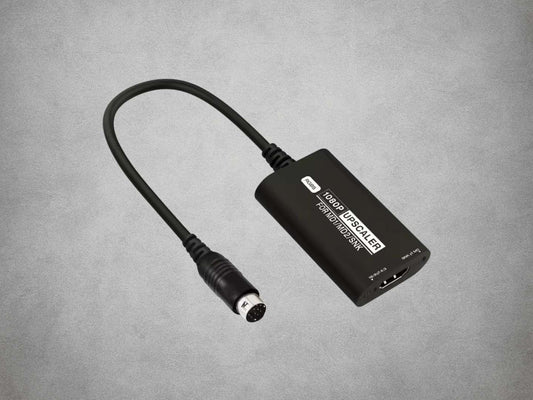 Black 1080p RGBS HDMI adapter for Sega Mega Drive, Genesis and Neo Geo AES on a grey background.
