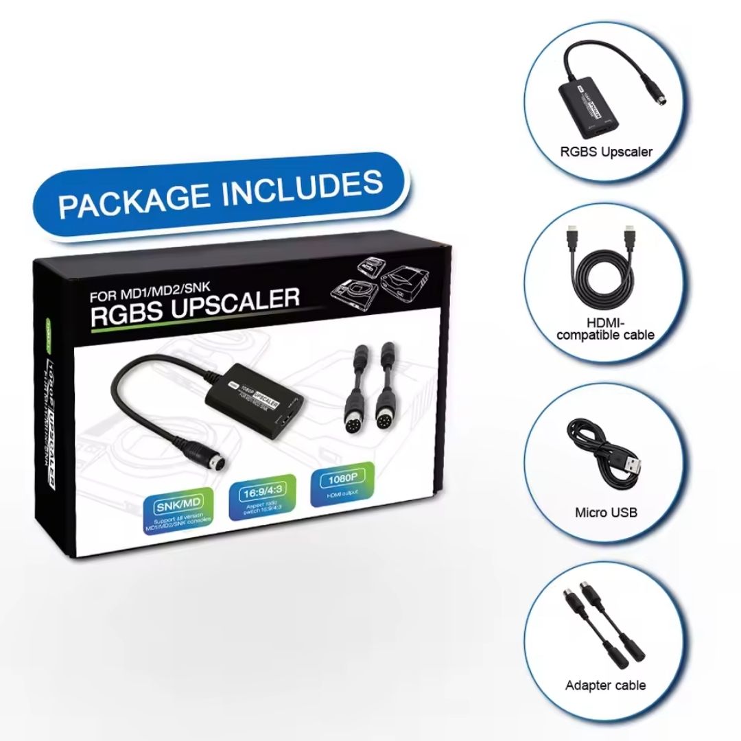 Package contents graphic showing the RGBS HDMI upscaler, HDMI cable, Micro-USB power cable and console conversion leads.


