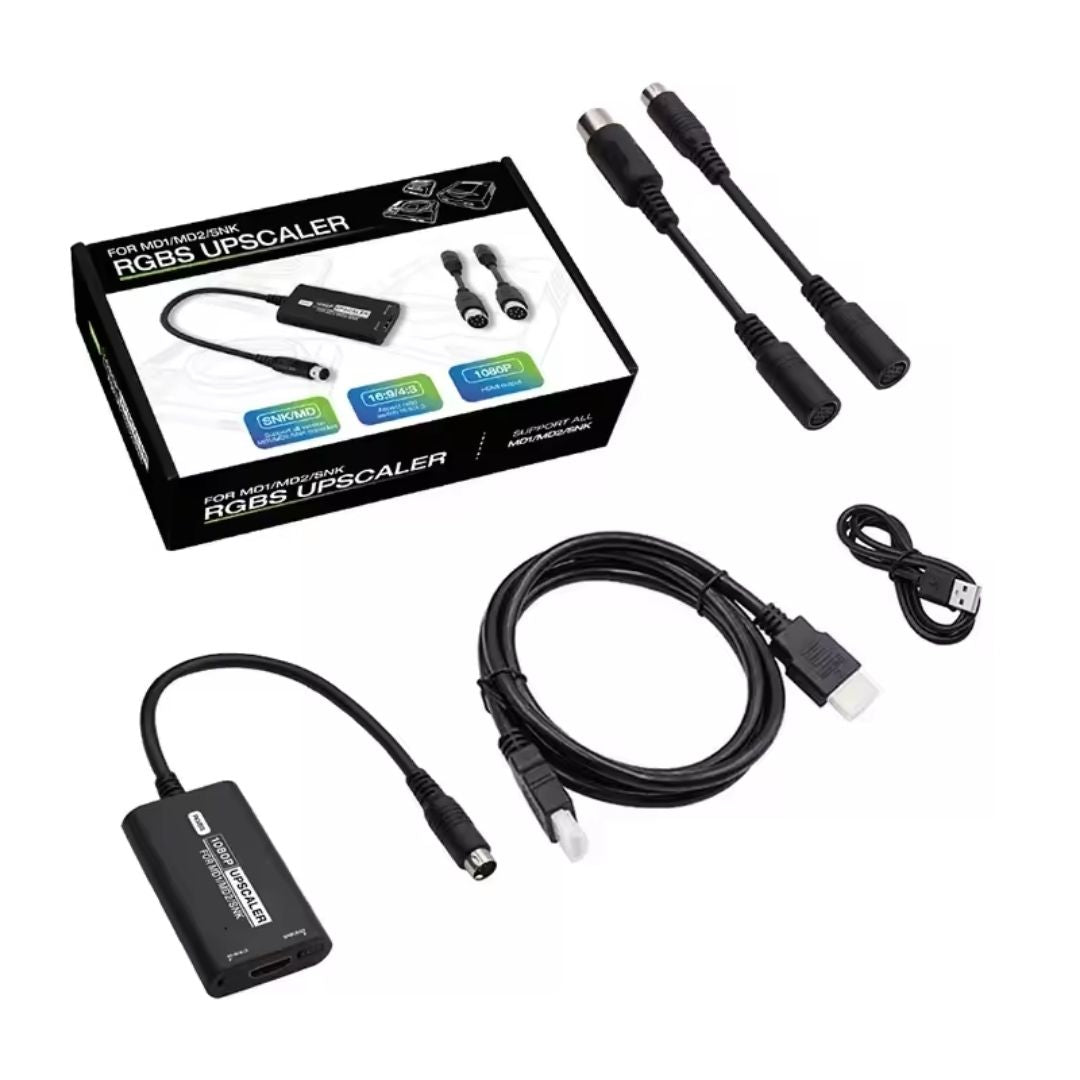 Complete RGBS HDMI adapter kit with retail box, Mega Drive 1 and Neo Geo conversion leads, HDMI cable and Micro-USB power cable.