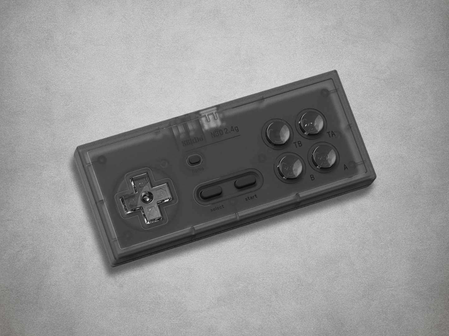 8BitDo N30 ES Controller Smokey Black Angled  on Grey Background