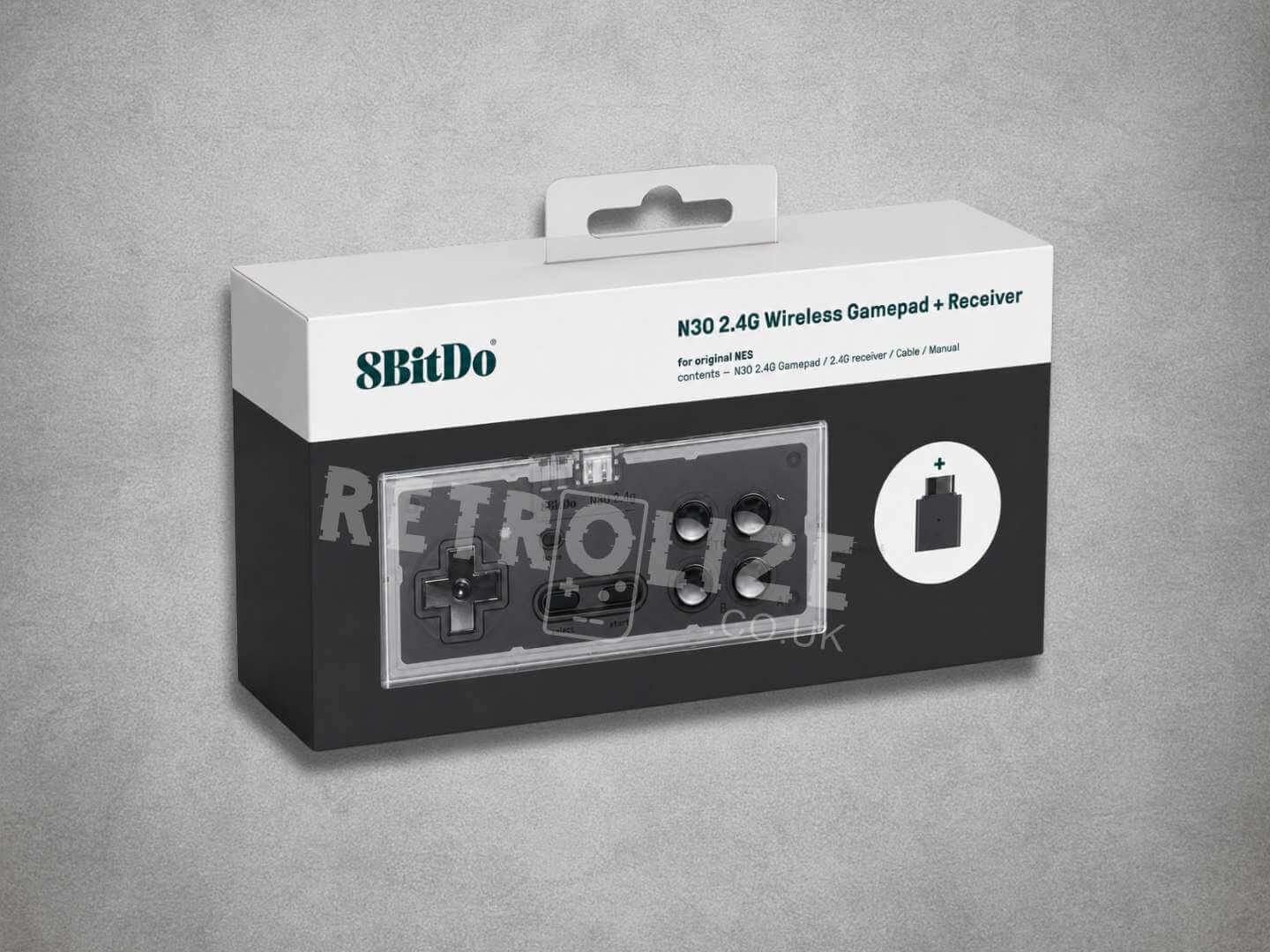 8BitDo N30 wireless gamepad packaging on a gray background