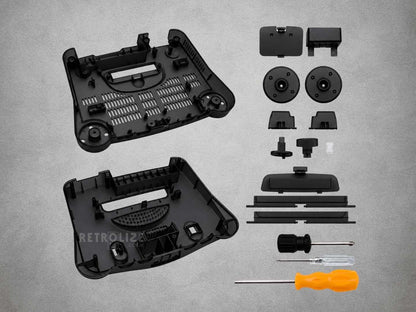 Black Nintendo 64 replacement shell kit showing upper and lower housings, buttons, covers and installation tools.