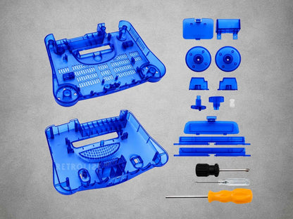 Translucent blue Nintendo 64 replacement shell kit showing upper and lower housings, buttons, covers and installation tools.