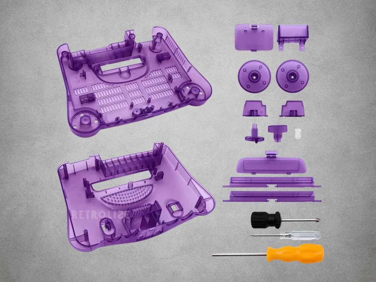 Translucent purple Nintendo 64 replacement shell kit showing upper and lower housings, buttons, covers and installation tools.
