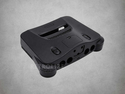 Solid black ABS replacement shell for Nintendo 64, showing the cartridge slot and controller-port openings.