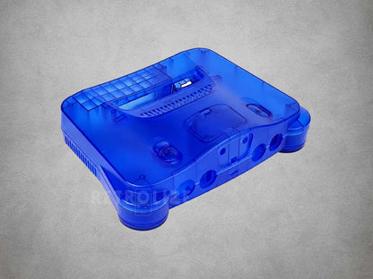 Translucent blue ABS replacement shell for Nintendo 64, showing the cartridge slot and controller-port openings.