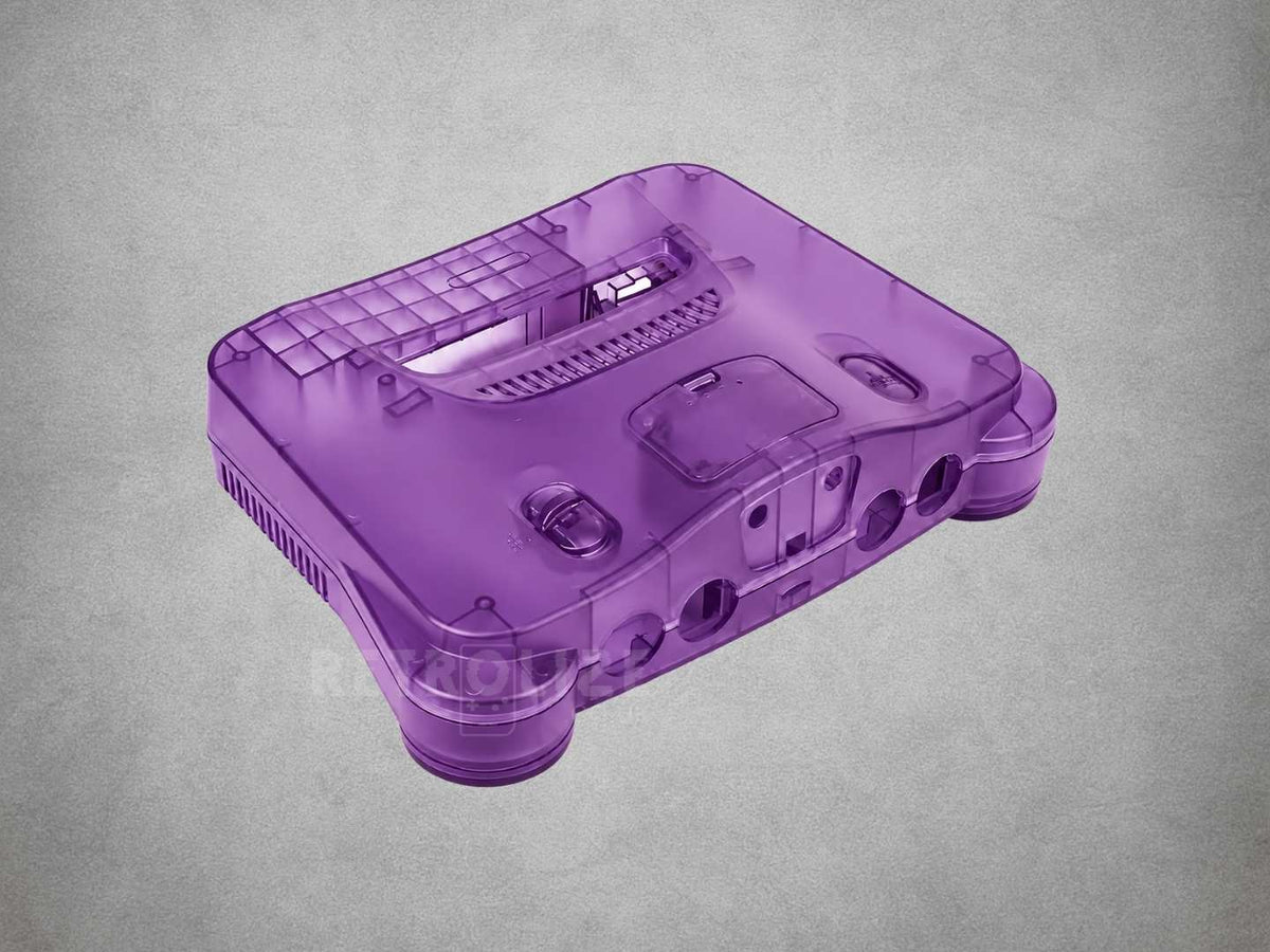 Translucent purple ABS replacement shell for Nintendo 64, showing the cartridge slot and controller-port openings.